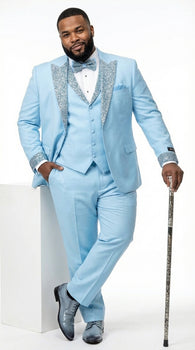 Mens Light Blue 3 Piece Prom Tuxedo – Sky Blue Formal Suit with Sequin Lapel Wedding Party Tuxedo Set in Baby Blue