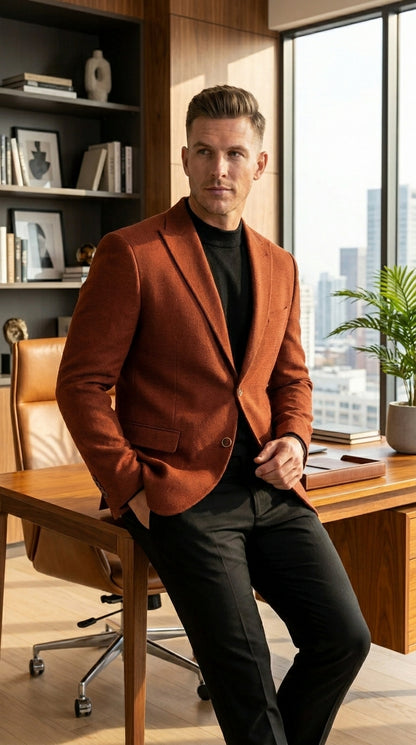 Men’s Rustic Brown Textured Blazer with Notched Lapel, Formal Dress Jacket for Weddings, Parties, Business Look