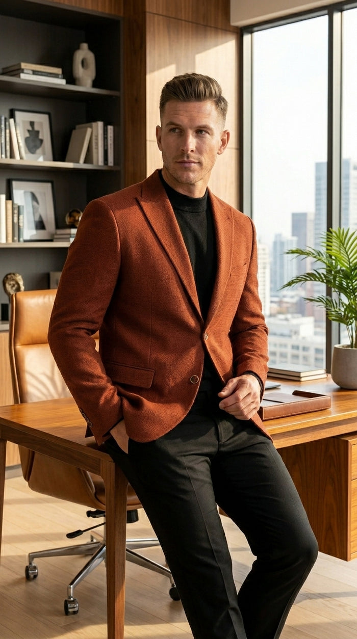 Men’s Rustic Brown Textured Blazer with Notched Lapel, Formal Dress Jacket for Weddings, Parties, Business Look