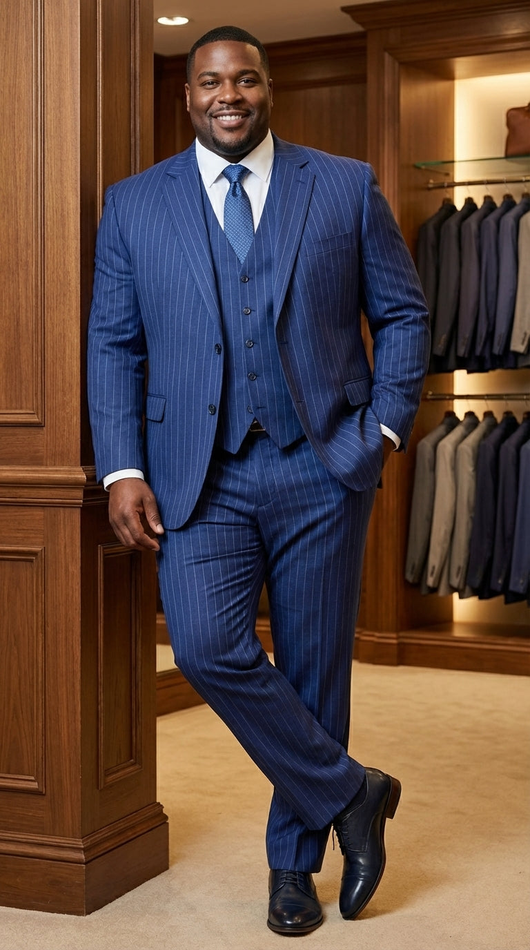 Men’s Cobalt Blue 3 Piece Suit – Indigo Light Blue Pinstripe Formal Suit with Vest for Wedding, Business Two buttons Modern Fit