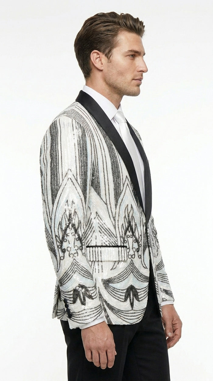 Men’s White and Black Patterned Tuxedo Blazer – Luxury Designer Dinner Jacket for Wedding, Prom and Formal Events New Year Christmas Holiday