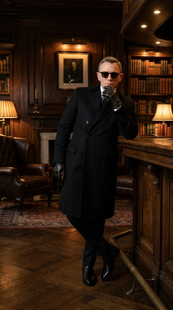 Men’s Black Double Breasted Overcoat, James Bond Inspired Long Formal Coat for Weddings, Business Events, Parties, and Winter Occasions