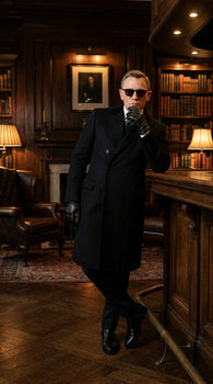 Men’s Black Double Breasted Overcoat, James Bond Inspired Long Formal Coat for Weddings, Business Events, Parties, and Winter Occasions
