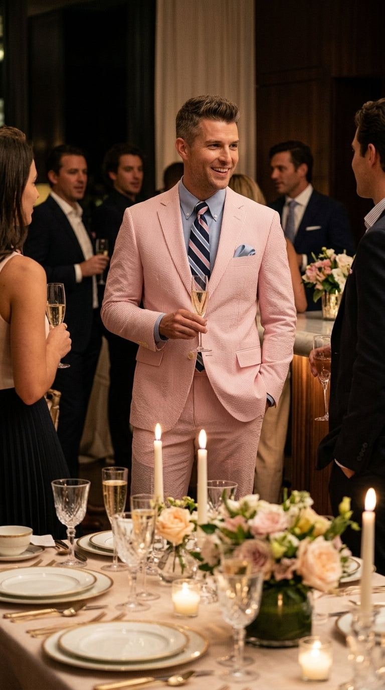 Men’s Pink Seersucker 2 Piece Suit, Lightweight Summer Dress Suit for Weddings, Prom, Parties, and Special Occasions Modern Fit
