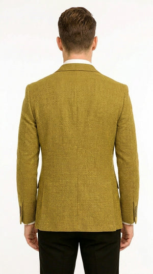 Men’s Mustard Gold Yellow Houndstooth Blazer Jacket, Check Pattern Formal Sport Coat for Weddings, Prom, Business 2 Buttons Modern Fit