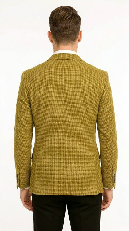 Men’s Mustard Gold Yellow Houndstooth Blazer Jacket, Check Pattern Formal Sport Coat for Weddings, Prom, Business 2 Buttons Modern Fit