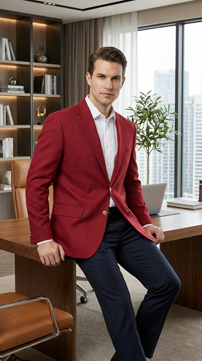 Men’s Burgundy Wine Maroon Dress Casual Blazer with Notch Lapel, Designer Fashion Sportscoat