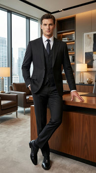 Vitali Mens Black Tone on Tone Shadow Stripe Vested Suit Set – 3 Piece Modern Fit Pinstripe Two Buttons