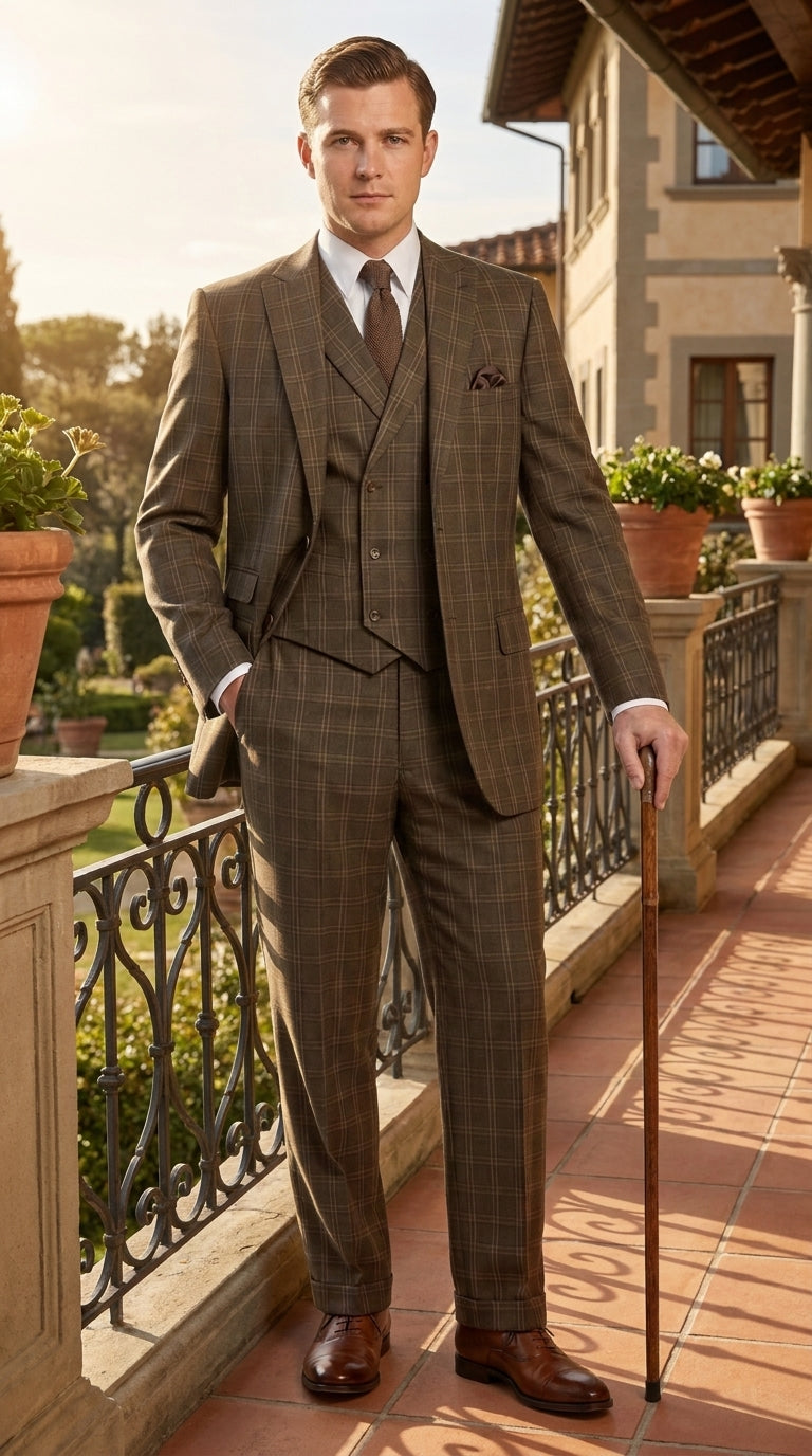 Men’s 1930s Brown Plaid 3 Piece Suit, Vintage Formal Wedding Business Dress Suit Set  Modern Fit