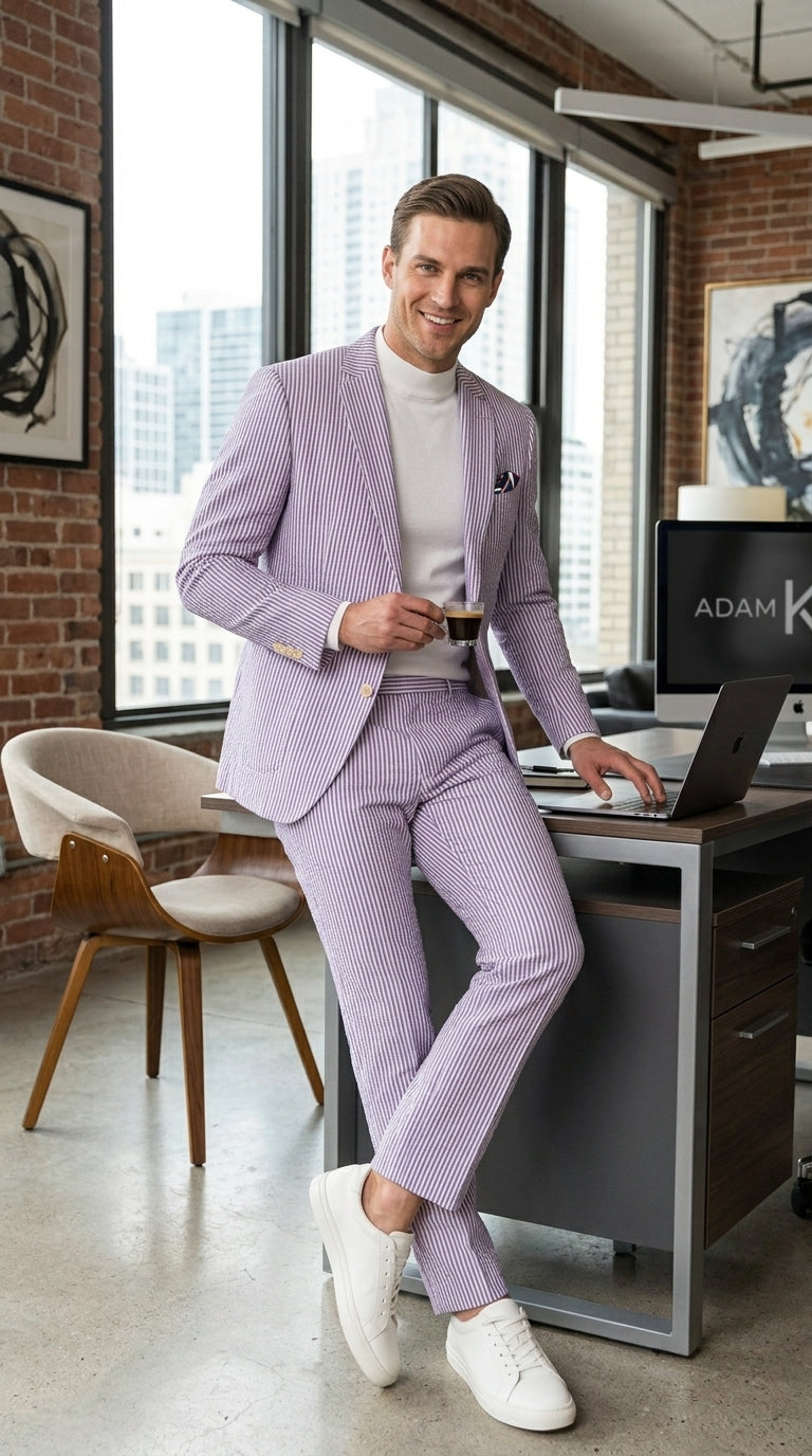 Men’s Lavender Seersucker 2 Piece Suit, Lightweight Summer Blazer and Pants Set for Weddings, Parties, Prom, and summer fabric