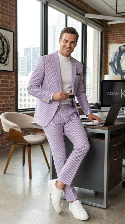 Men’s Lavender Seersucker 2 Piece Suit, Lightweight Summer Blazer and Pants Set for Weddings, Parties, Prom, and summer fabric