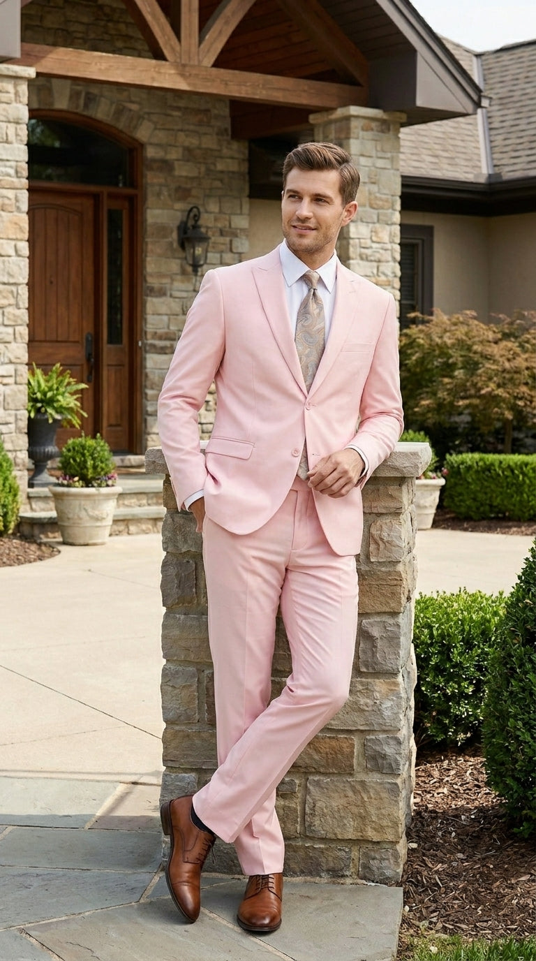 Men’s Light Pink 2 Piece Suit, Formal Dress Suit for Weddings, Prom, Parties, Summer Events Slim Fitted By Vitali