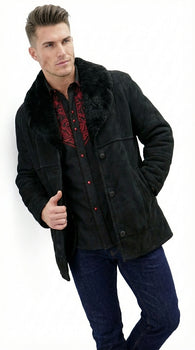 Men’s Black Sheepskin Leather Jacket Cowboy – Warm Faux Fur Collar Coat, Winter Long Jacket, Casual Western Style Outerwear