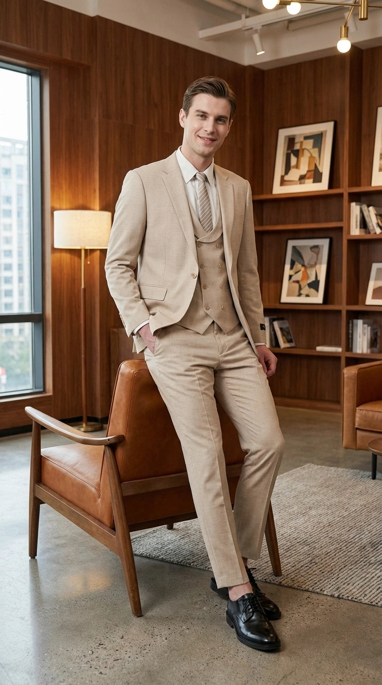 Mens Sand Beige 3 Piece Suit – Double breasted Vest Formal Suit Set  and Dress Pants in Champaign Natural Summer Color Modern Fit