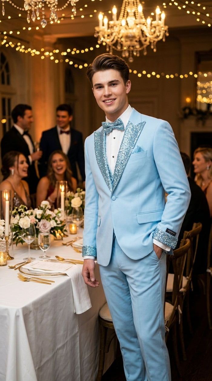 Sky Blue Prom Tuxedo - Perfect Wedding Suit Vested Rhinestone sequin Lapelled