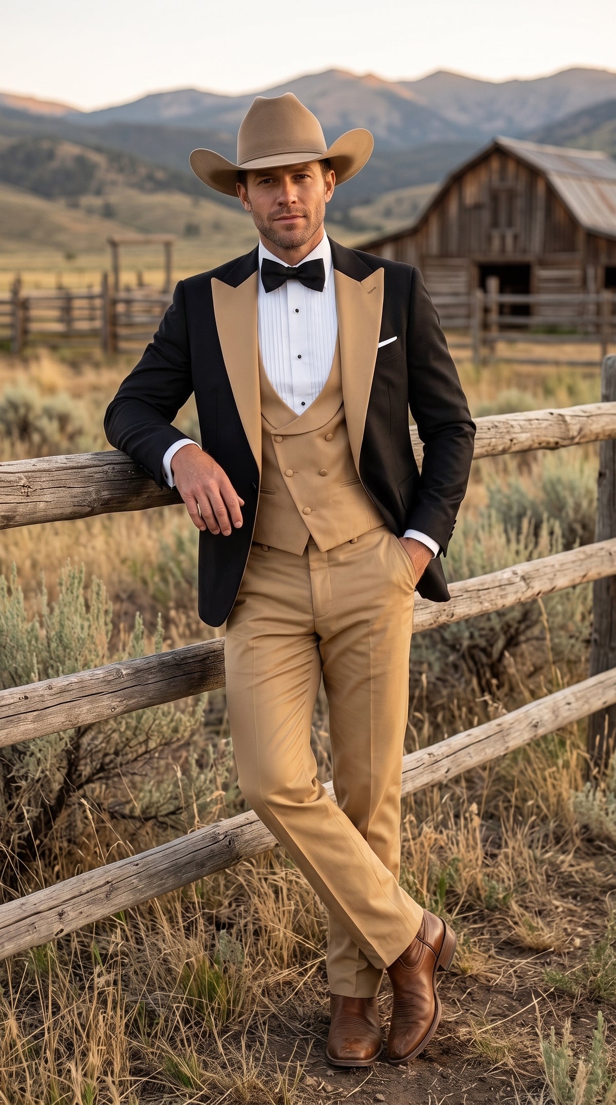 Men's Western Khaki Cowboy Tuxedo Suit – Black & Tan Beige  Peak Lapel 3-Piece Vested Formal Cowboy Suit