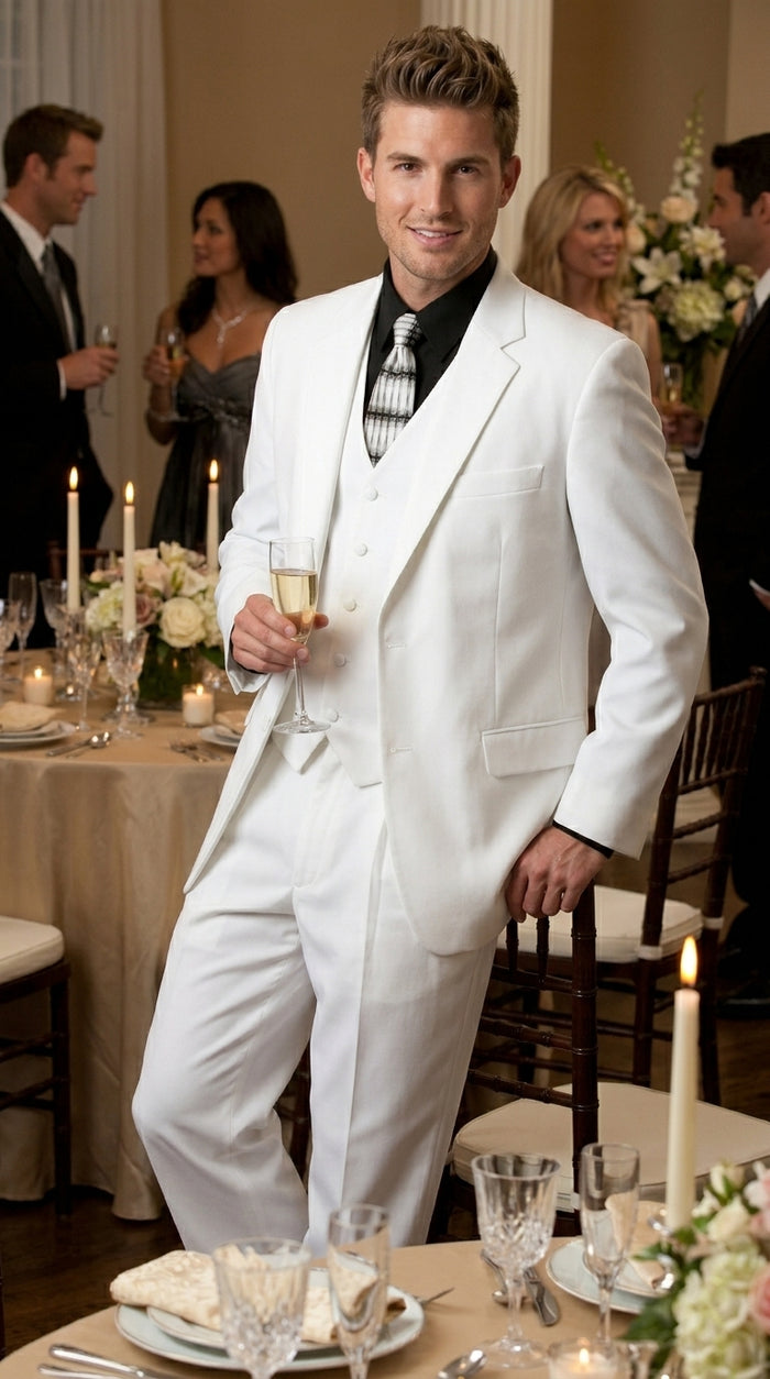 Men’s All White Classic 3 Piece Suit with High Vest, 3 Button Jacket and Pleated Pants