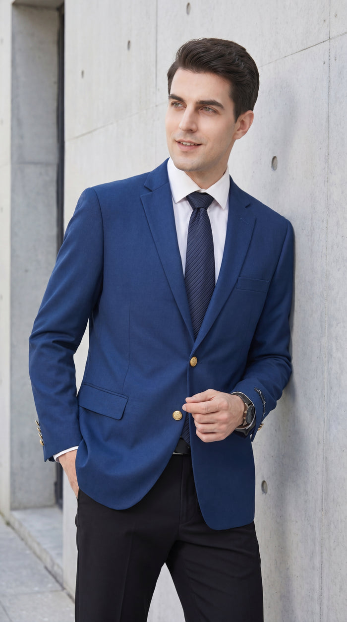 Men’s Sapphire Indigo Cobalt Blue Blazer with Gold Buttons – Classic Single Breasted Formal Business Jacket for Office, Wedding