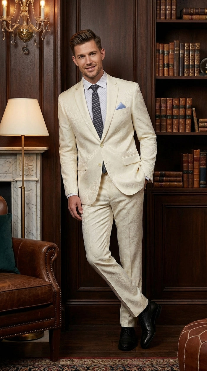 Men’s Ivory Paisley Shiny Suit – Flroal Formal Wedding and Prom Suit for Party, in Cream Off White Modern Fit