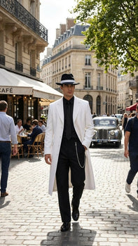 Men’s White Long Zoot Style Suit  | Vintage Gangster Mafia Formal Coat with Black Pants