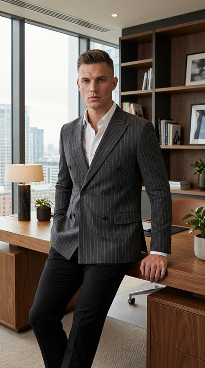 Mens Charcoal Gray Pinstripe Double Breasted Blazer Sport Coat – Classic Formal Business Jacket for Office and Smart Casual Wear