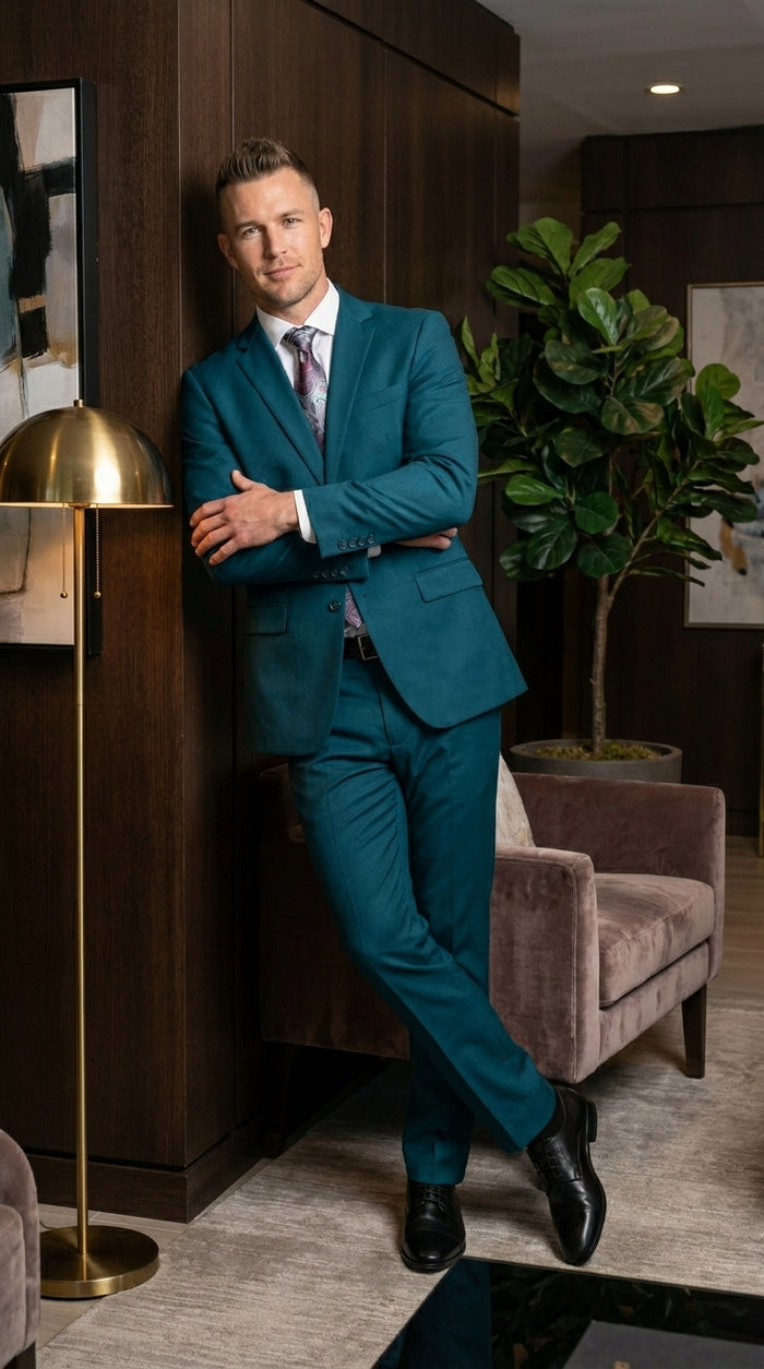 Discounted Sale Clearance Men's Two Buttons Dark Teal 2-piece suit Flat Front Pants