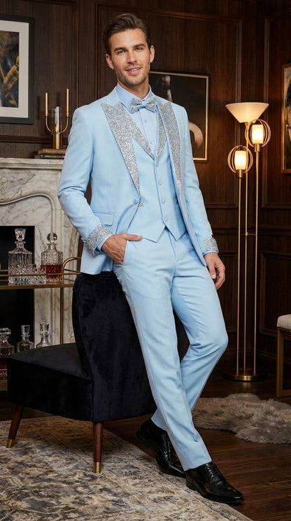 Men’s Light Blue Suit with Silver Glitter Lapel – Light Blue Formal Tuxedo Suit for Prom, Wedding and Special Occasion Wear in Sky Baby Blue
