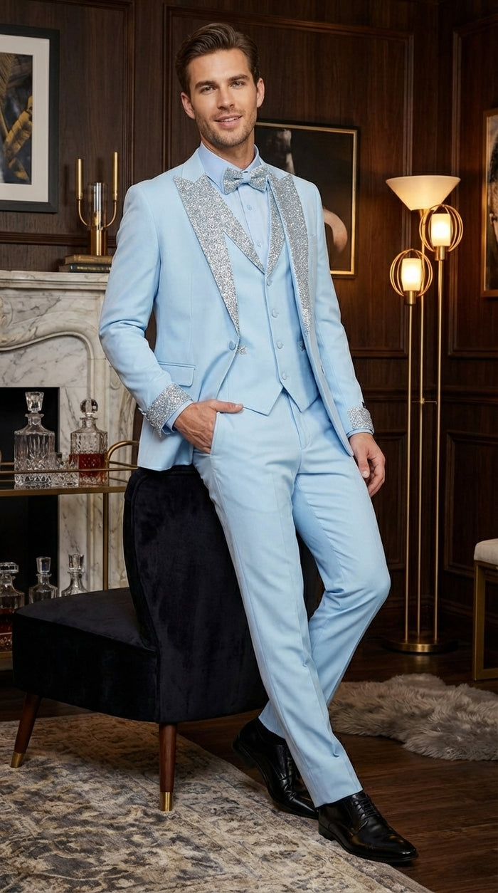 Men’s Light Blue Suit with Silver Glitter Lapel – Light Blue Formal Tuxedo Suit for Prom, Wedding and Special Occasion Wear in Sky Baby Blue
