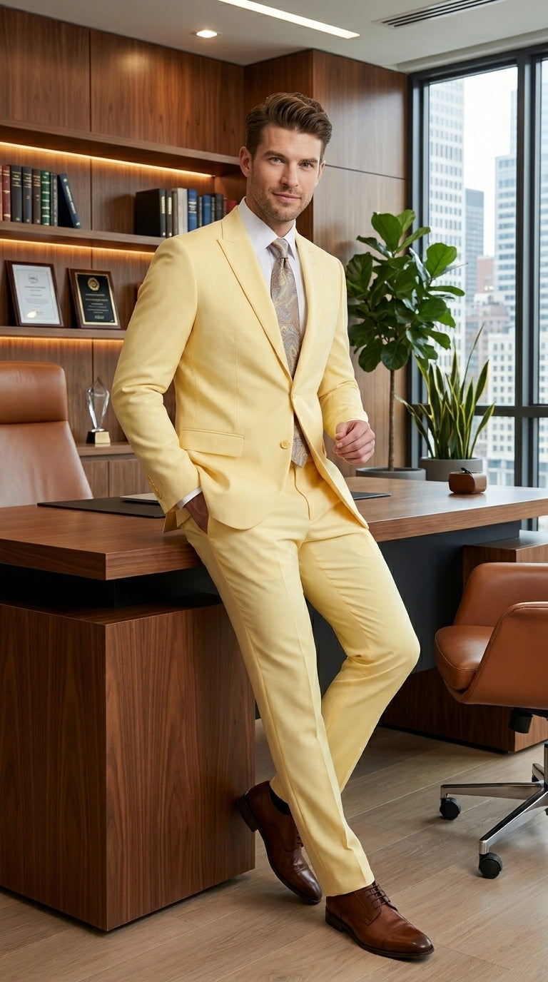 Men’s Pale Yellow 2 Piece Suit, Formal Dress Suit for Weddings, Prom, Parties, Summer Events, and Special Occasions By Vitali Modern Fit