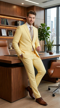 Men’s Pale Yellow 2 Piece Suit, Formal Dress Suit for Weddings, Prom, Parties, Summer Events, and Special Occasions By Vitali