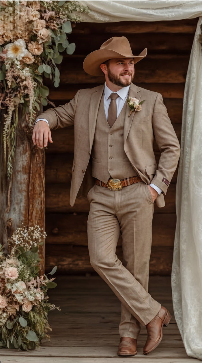Mens Sharkskin Dark Taupe Tan with sheen Western 3 Piece Suit – Classic Country Style Blazer Vest Pants Set, Formal Cowboy Suit Outfit