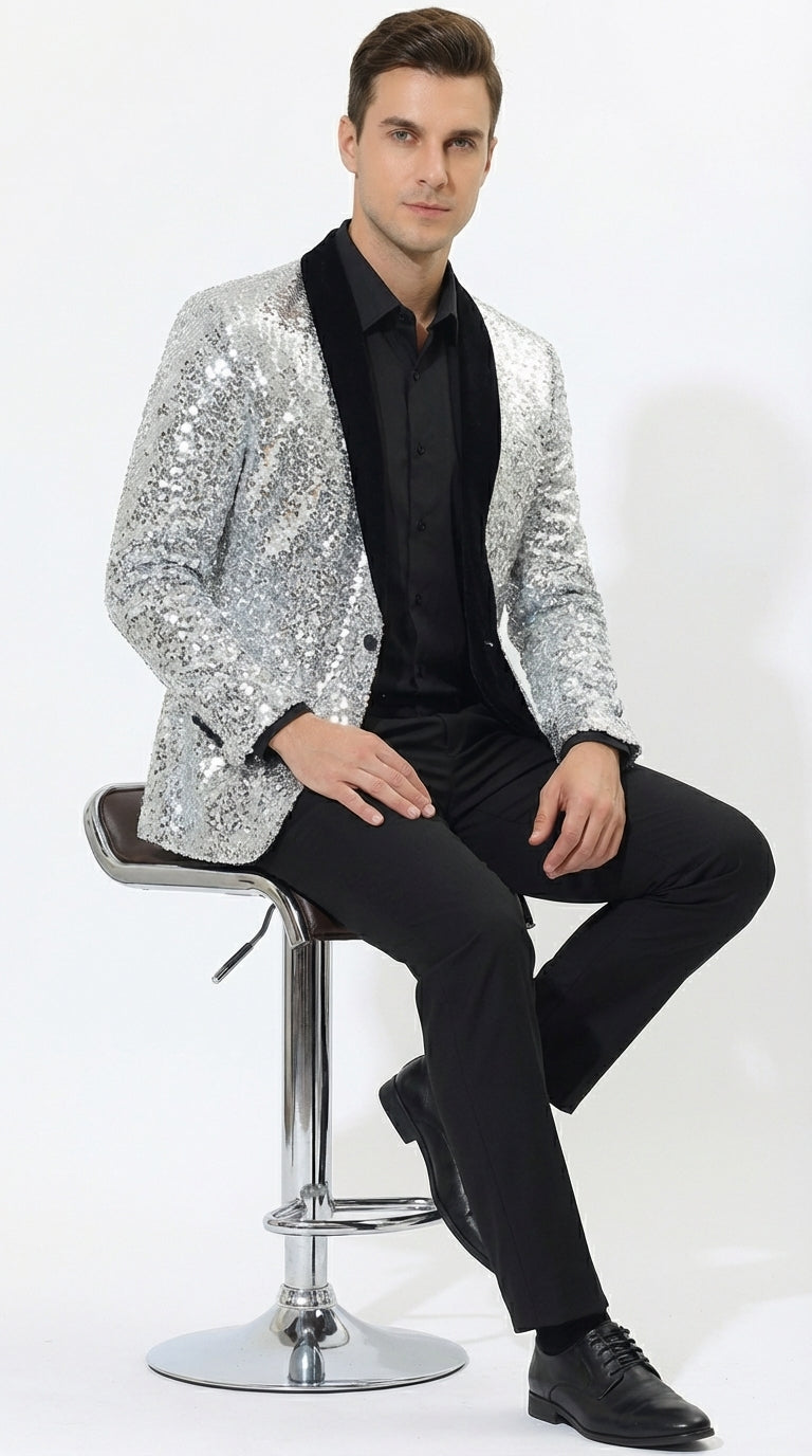 Men’s Silver Sequin Blazer Disco Style Jacket – Black Lapel Party Blazer, Shiny Evening Wear, 70s Dance Outfit, Formal Event Jacket