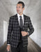Mens 2 Button Suit with Low Cut Vest in Black Plaid