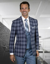 Mens 2 Button Suit with Low Cut Vest in Navy Plaid