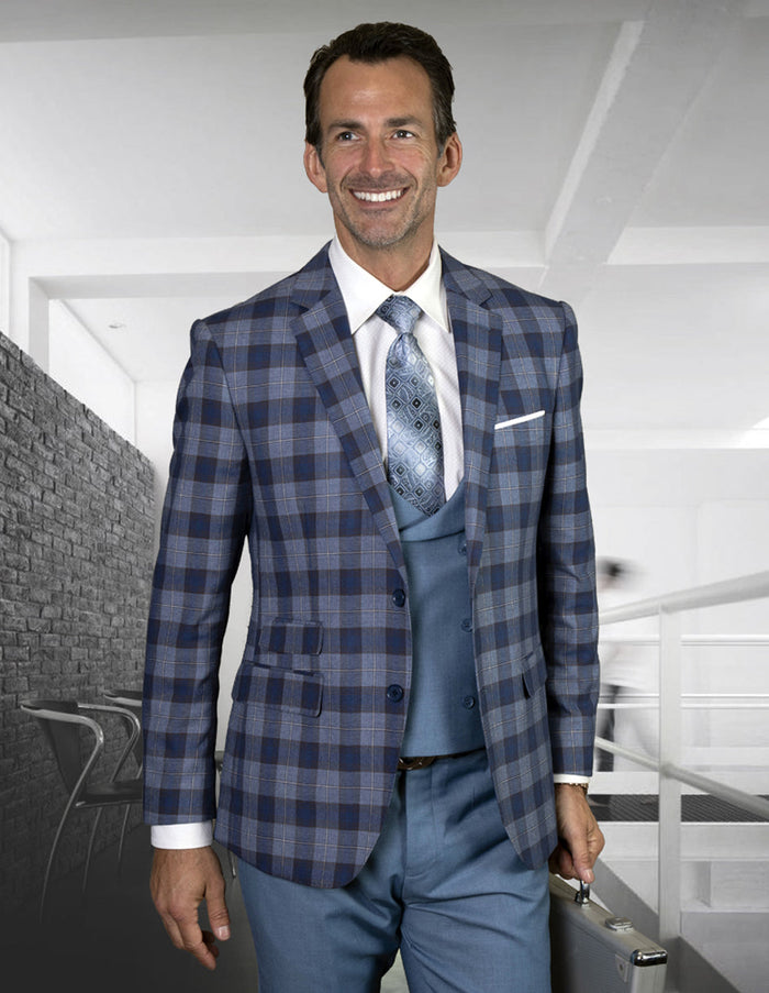 Mens 2 Button Suit with Low Cut Vest in Indigo Plaid