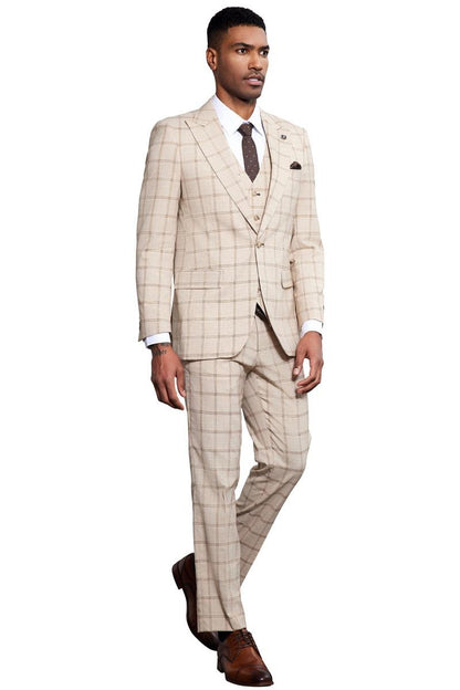 Men's Stacy Adams One Button Peak Lapel Vested Windowpane Plaid Suit in Tan - Image 6