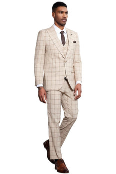 Men's Stacy Adams One Button Peak Lapel Vested Windowpane Plaid Suit in Tan - Image 6