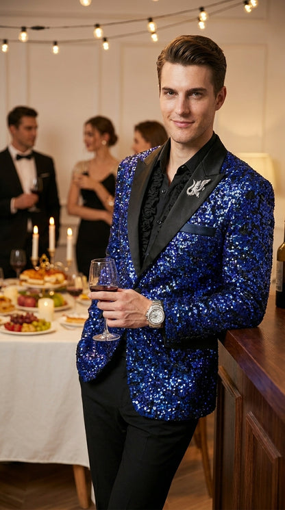 Men’s Blue Sequin Sparkle Blazer Jacket with Black Satin Lapel, Party Prom Wedding Dinner Coat