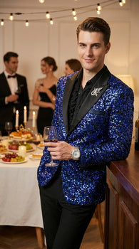 Men’s Blue Sequin Sparkle Blazer Jacket with Black Satin Lapel, Party Prom Wedding Dinner Coat