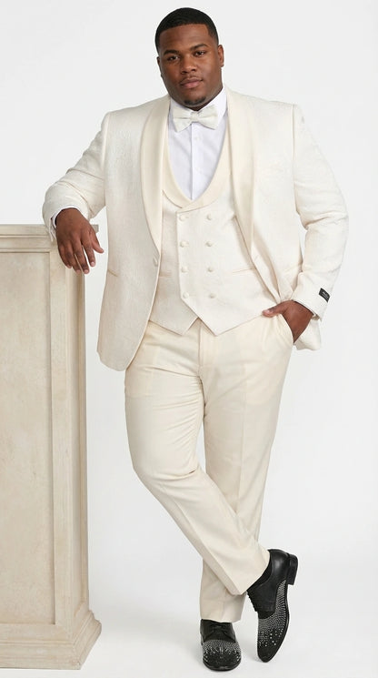 Men’s Ivory Paisley Tuxedo Suit 3 Piece – One Button Vested Satin Formal Suit for Wedding in Off white Cream Color