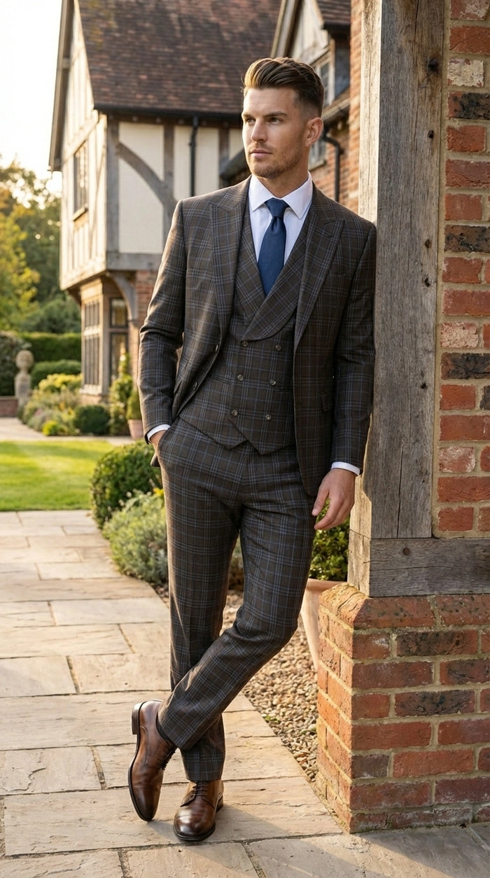 Vitali Men’s Brown Grey with blue Check 3 Piece Suit – Classic Plaid Formal Suit Set with Blazer, Vest & Trousers, Business Wedding Party Wear for Men Modern Fit