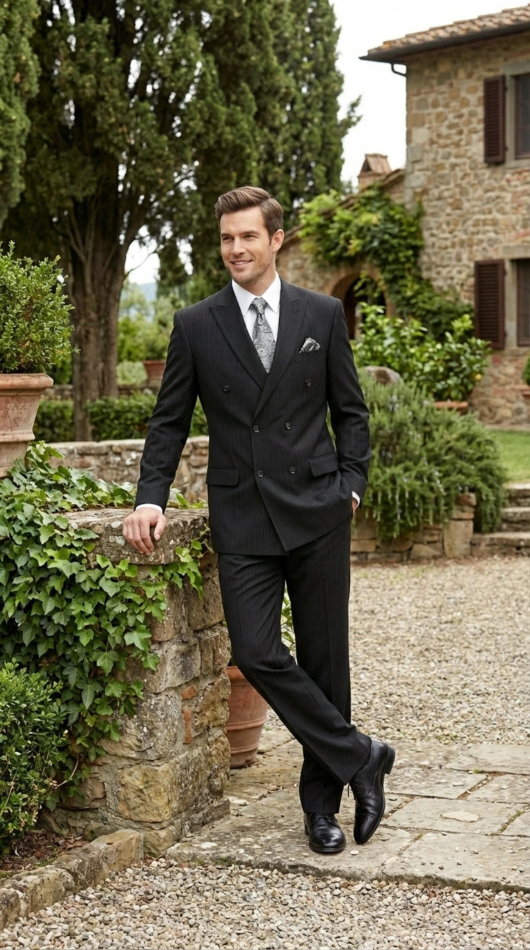 Men’s Black Pinstripe Double Breasted Suit – Peak Lapel Classic Fit Formal Business Conservative settle stripe