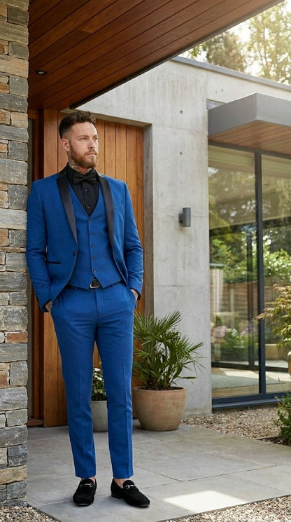 Men’s Royal Blue 3 Piece Suit with Black Lapel – Modern Formal Suit for Wedding, Prom and Party Wear Modern Fit