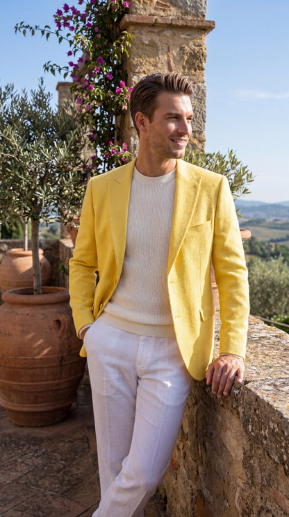 Zacci Brand Men’s Lemon Yellow Blazer Peak Lapel Hopsack Weave – Elegant Formal Blazer Jacket for Wedding, Party, Prom and Smart Casual Wear