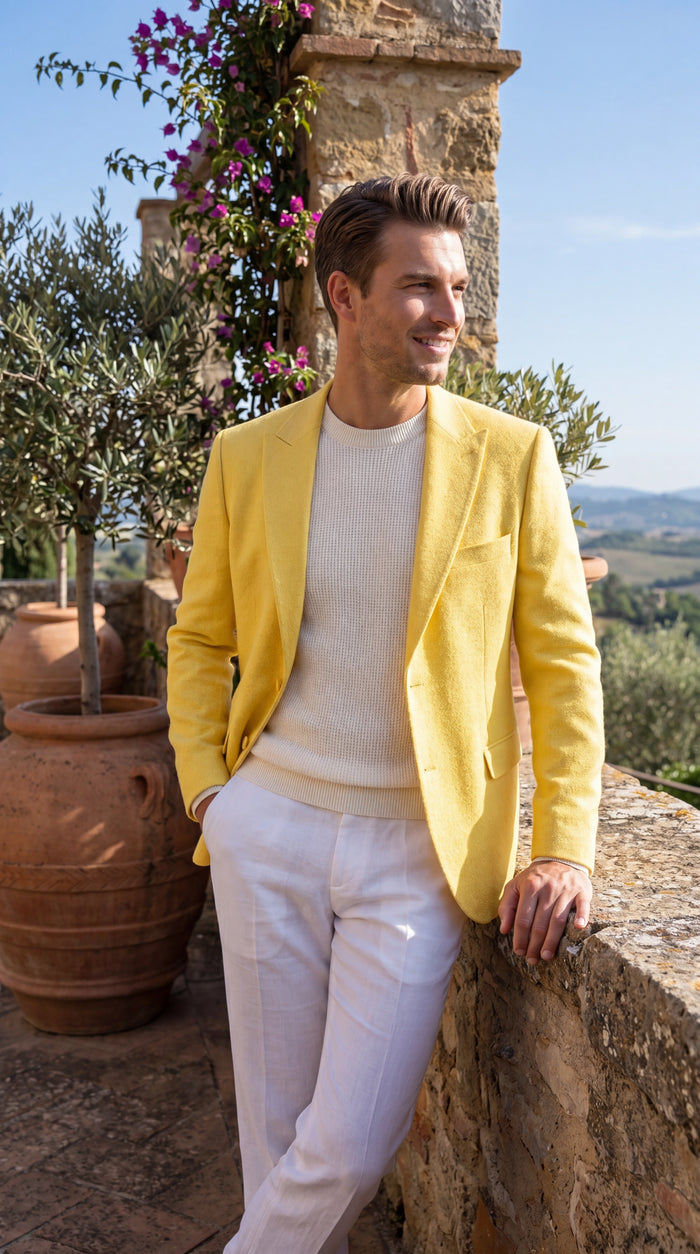Zacci Brand Men’s Lemon Yellow Blazer Peak Lapel Hopsack Weave – Elegant Formal Blazer Jacket for Wedding, Party, Prom and Smart Casual Wear
