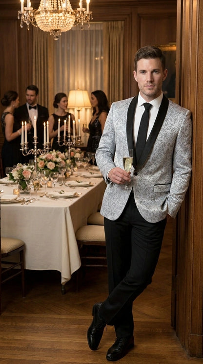 Men’s Silver and Black Floral Blazer – Elegant Formal Tuxedo Style Blazer Jacket for Wedding, Party, Prom and Evening Wear