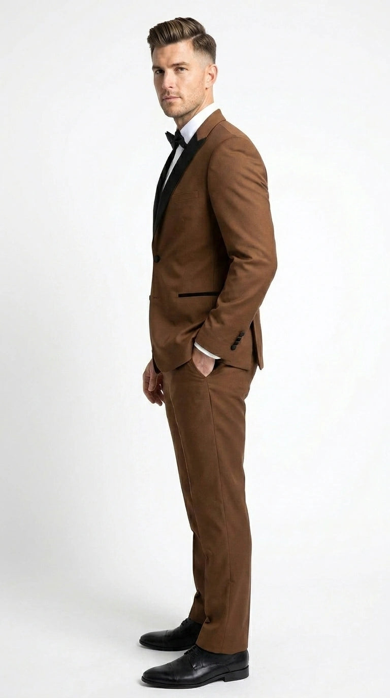 Men’s Light Brown Vested Piece Suit – Elegant Formal Suit with Contrast Lapel for Wedding, Party Modern Fit