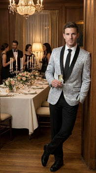 Men’s Silver and Black Floral Blazer – Elegant Formal Tuxedo Style Blazer Jacket for Wedding, Party, Prom and Evening Wear