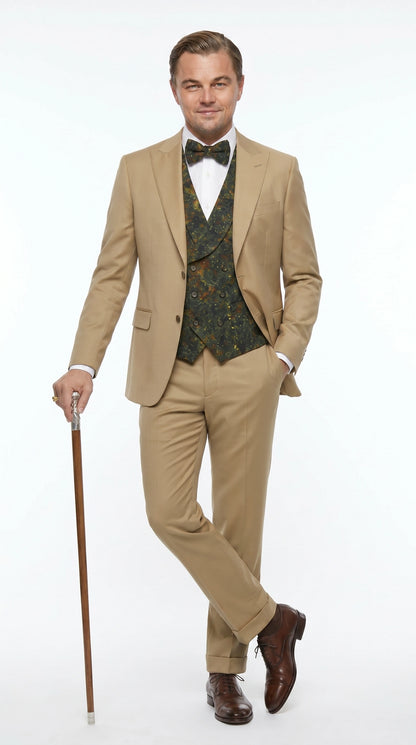 Men’s Khaki 3 Piece Suit with Patterned Vest, Great Gatsby Inspired Formal Suit for Weddings, Mardi Gra in Tan Camel Color Modern Fit