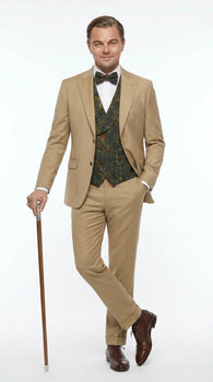 Men’s Khaki 3 Piece Suit with Patterned Vest, Great Gatsby Inspired Formal Suit for Weddings, Mardi Gra in Tan Camel Color